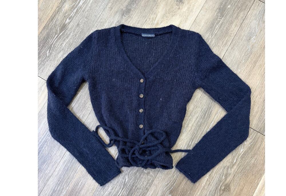 Brandy Melville Navy Cropped Cardigan Tie Front Button Up Soft Knit